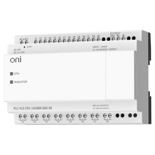 Модуль ЦПУ ПЛК 410 8 DI 6 UI (0-10В/DI) 8 RO 12В-24В DC или 24В AC с Ethernet портом без экрана ONI PLC-410-CPU-14U08R-0AD-00