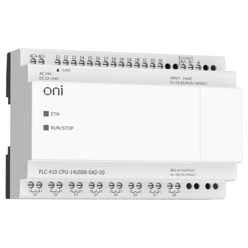 Модуль ЦПУ ПЛК 410 8 DI 6 UI (0-10В/DI) 8 RO 12В-24В DC или 24В AC с Ethernet портом без экрана ONI PLC-410-CPU-14U08R-0AD-00