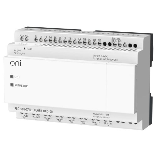 Модуль ЦПУ ПЛК 410 8 DI 6 UI (0-10В/DI) 8 RO 12В-24В DC или 24В AC с Ethernet портом без экрана ONI PLC-410-CPU-14U08R-0AD-00