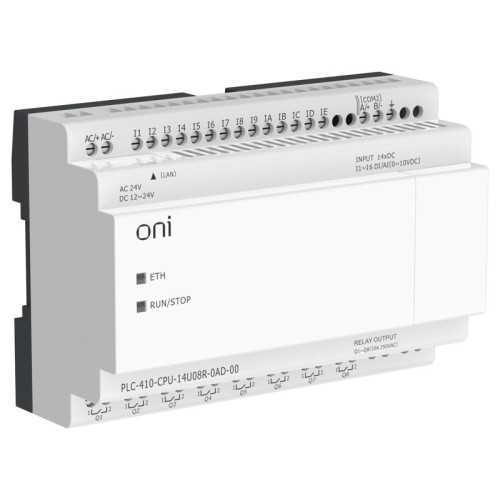 Модуль ЦПУ ПЛК 410 8 DI 6 UI (0-10В/DI) 8 RO 12В-24В DC или 24В AC с Ethernet портом без экрана ONI PLC-410-CPU-14U08R-0AD-00