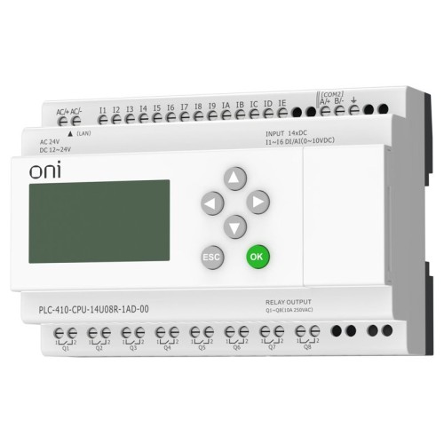 Модуль ЦПУ ПЛК 410 8 DI 6 UI (0-10В/DI) 8 RO 12В-24В DC или 24В AC с Ethernet портом с экраном ONI PLC-410-CPU-14U08R-1AD-00
