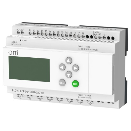 Модуль ЦПУ ПЛК 410 8 DI 6 UI (0-10В/DI) 8 RO 12В-24В DC или 24В AC с Ethernet портом с экраном ONI PLC-410-CPU-14U08R-1AD-00