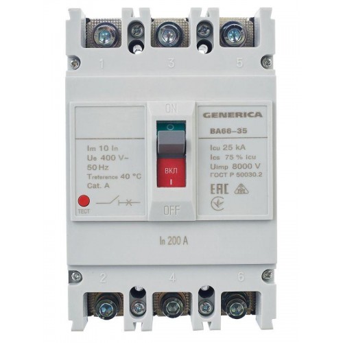 Выключатель автоматический 3п 200А 25кА ВА66-35 GENERICA SAV30-3-0200-G