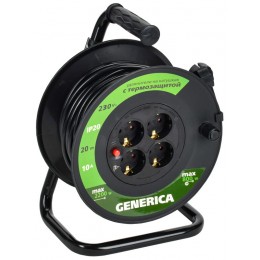 Удлинитель на катушке 4х20м 10А IP20 УК20 2P+PE 3х1 термозащита GENERICA WKP10-10-04-20-G