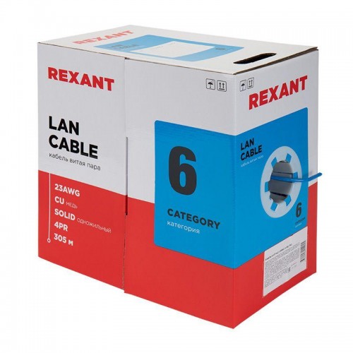 Кабель витая пара U/UTP 4х2х23AWG кат.6 solid CU PVC син. (м) Rexant 01-0047