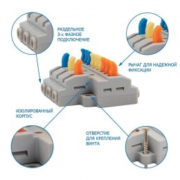 Клемма СМК 3х3 проходная разветвительная 3 полюса с монтажной площадкой (1 ввод 3 вывода на полюс) (уп.4шт) Rexant 07-5232-04
