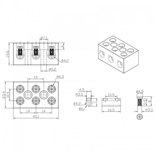 Клемма керамическая винтовая 10кв.мм 3 пары контактов с крепежным отверстием (уп.84шт) Rexant 07-6226