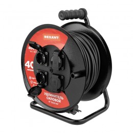 Удлинитель на метал. катушке 4х40м с заземл. IP44 КГ 3х2.5кв.мм с выключателем с защ. крышками Rexant 13-5015