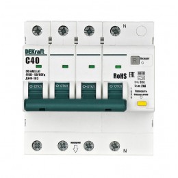 Выключатель автоматический дифференциального тока (АВДТ) 3P+N C 40А 30мА AC ДИФ-103 6кА DEKraft 16405DEK