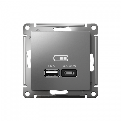 Розетка USB AtlasDesign тип A+C 45Вт QC PD высокоскор. ЗУ механизм сталь SE ATN000929