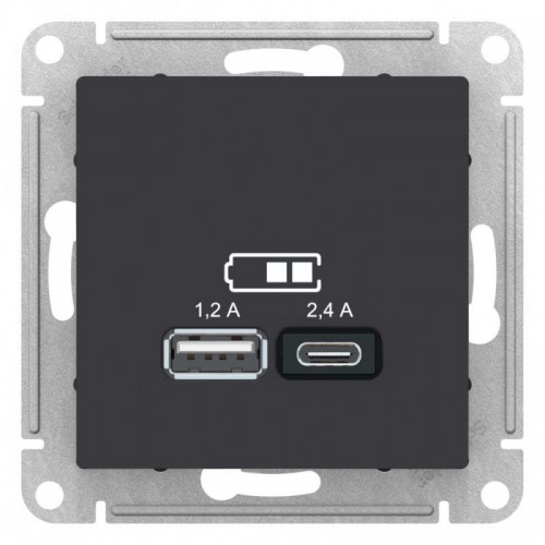 Розетка USB AtlasDesign тип A+C 5В/2.4А 2х5В/1.2А механизм карбон SchE ATN001039