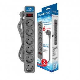 Удлинитель с сетевым фильтром 6х3м с заземл 10А IP20 2.2кВт ПВС 3х1 с выкл. сер. DOMTOK 2519