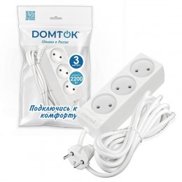 Удлинитель 3х3м без заземл. 10А IP20 2.2кВт ПВС 2х1 бел. DOMTOK 2351