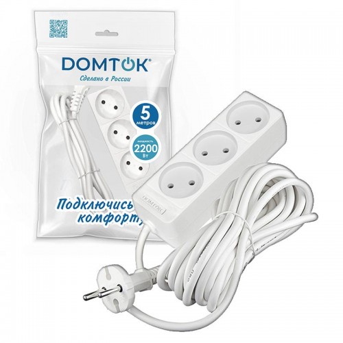 Удлинитель 3х5м без заземл. 10А IP20 2.2кВт ПВС 2х1 бел. DOMTOK 2352