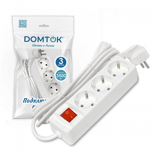 Удлинитель 3х3м с заземл. 16А IP20 3.5кВт ПВС 3х1 с выкл. бел. DOMTOK 2381