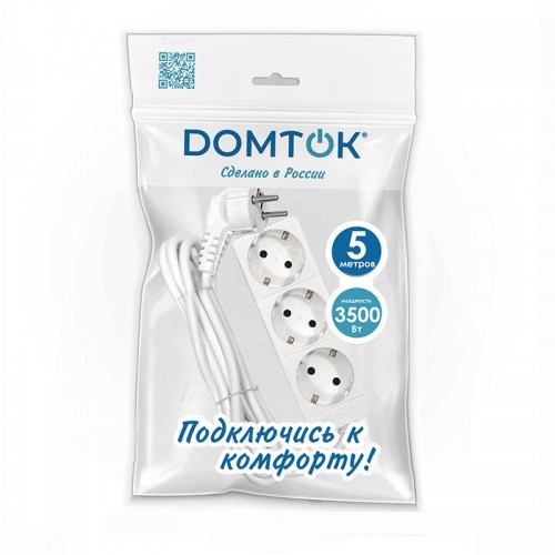 Удлинитель 3х5м с заземл. 16А IP20 3.5кВт ПВС 3х1 бел. DOMTOK 2392