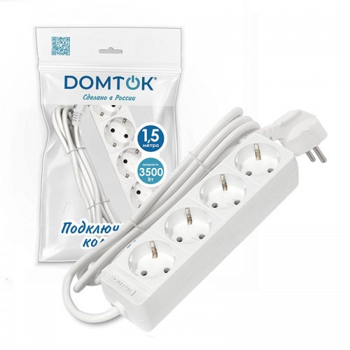 Удлинитель 4х1.5м с заземл. 16А IP20 3.5кВт ПВС 3х1 бел. DOMTOK 2394