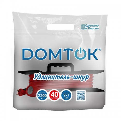 Удлинитель-шнур на рамке 1х40м без заземл. 10А IP20 2.2кВт ПВС 2х1 DOMTOK 2476