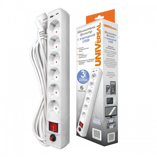 Удлинитель с сетевым фильтром 6х3м с заземл. 10А IP20 2.2кВт USB type-A + type-C ПВС 3х0.75 с выкл. бел. UNIVersal 2544