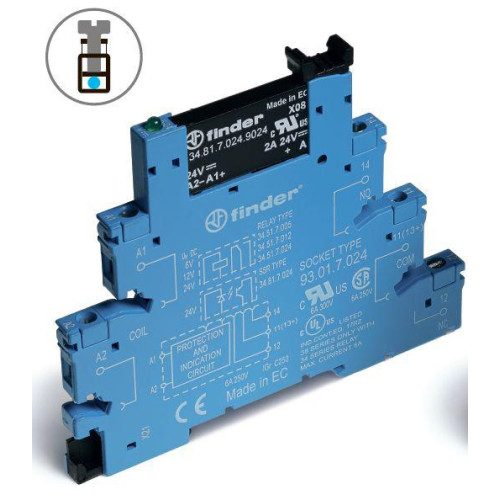 Модуль интерфейсный (сборка 34.81.7.024.9024 + 93.01.7.024) твердотельное реле выход 6А (24В DC) 24В DC IP20 винт. клеммы FINDER 388170249024