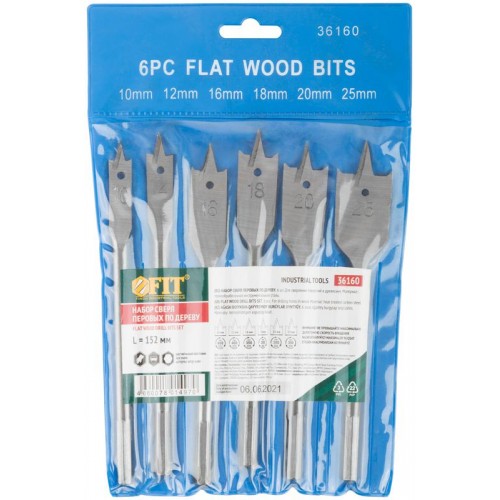 Набор сверл по дереву перовые 6шт (10-12-16-18-20-25мм) FIT 36160