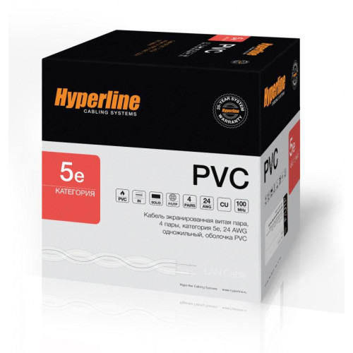 Кабель витая пара F/UTP кат.5E 4х2х24AWG solid PVC FUTP4-C5E-S24-IN-PVC-GY-305 сер. (м) Hyperline 42052