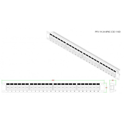 Патч-панель 19дюйм 1U RJ45 кат.5e 24 порта PP3-19-24-8P8C-C5E-110D черн. Hyperline 246095