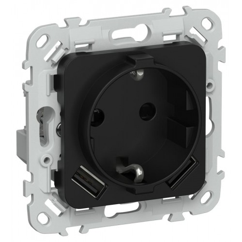 Розетка 1-м СП FLITE РСЮша11-1-ФлЧ 16А с USB A+A 3.1А с заземл. с защ. шторками безвинтовое крепление механизм черн. IEK FI-R14-16-1-U21-D31-K02