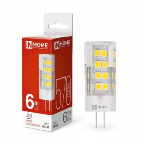 Лампа светодиодная LED-JCD 6Вт 4000К нейтр. бел. G4 570лм 230В IN HOME 4690612036144