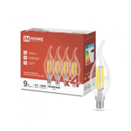 Лампа светодиодная филаментная LED-СВЕЧА НА ВЕТРУ-deco 4PACK 9Вт свеча на ветру прозрачная 4000К нейтр. бел. E14 1040лм 230В (уп.4шт) IN HOME 4690612053455