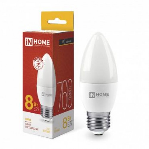 Лампа светодиодная LED-СВЕЧА-VC 8Вт свеча 230В E27 3000К 760лм IN HOME 4690612020440