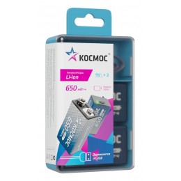 Аккумулятор крона Li-ion 9В 650мАч (уп.2шт) КОСМОС KOCLi9V650mAh2B