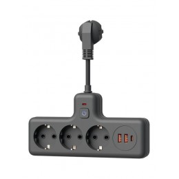 Удлинитель с сетевым фильтром 3х0.3м 10А 2USB + 1USBC 2500Вт ПВС 3х1 компакт черн. КОСМОС FRKsm0.3m-3g(B)USB