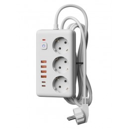 Удлинитель с сетевым фильтром 3х5м 10А 4USB + 2USBC 2500Вт ПВС 3х1 прямоуг. бел. КОСМОС FKsmPR-5m-3g(W)USB