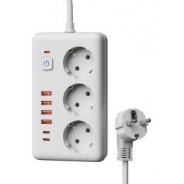 Удлинитель с сетевым фильтром 3х3м 10А 4USB + 2USBC 2500Вт ПВС 3х1 прямоуг. бел. КОСМОС FKsm3m-3gPF(W)USB