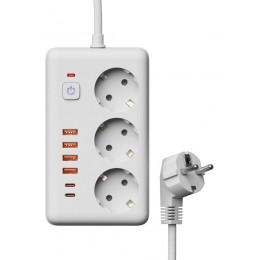 Удлинитель с сетевым фильтром 3х1.5м 10А 4USB + 2USBC 2500Вт ПВС 3х1 прямоуг. бел. КОСМОС FKsm1.5m-3gPF(W)USB