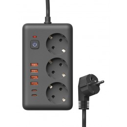 Удлинитель с сетевым фильтром 3х5м 10А 4USB + 2USBC 2500Вт ПВС 3х1 прямоуг. черн. КОСМОС FKsmPR-5m-3g(B)USB