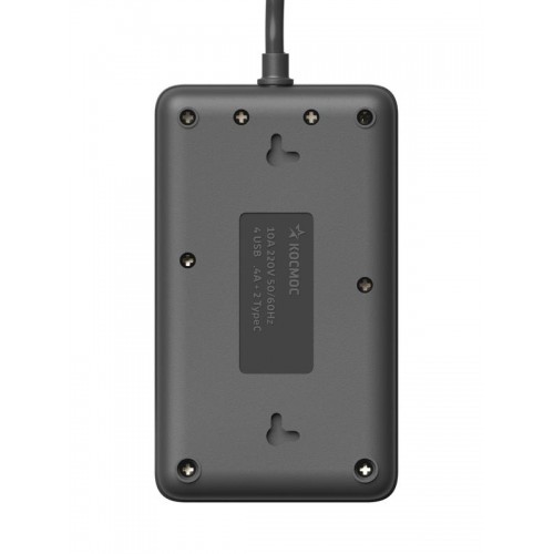 Удлинитель с сетевым фильтром 3х5м 10А 4USB + 2USBC 2500Вт ПВС 3х1 прямоуг. черн. КОСМОС FKsmPR-5m-3g(B)USB