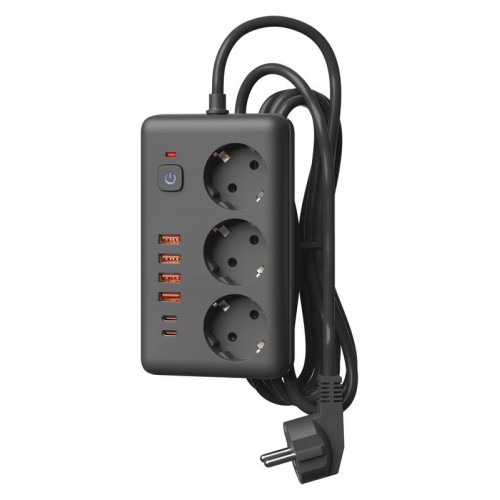 Удлинитель с сетевым фильтром 3х3м 10А 4USB + 2USBC 2500Вт ПВС 3х1 прямоуг. черн. КОСМОС FKsm3m-3gPF(B)USB