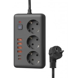 Удлинитель с сетевым фильтром 3х3м 10А 4USB + 2USBC 2500Вт ПВС 3х1 прямоуг. черн. КОСМОС FKsm3m-3gPF(B)USB