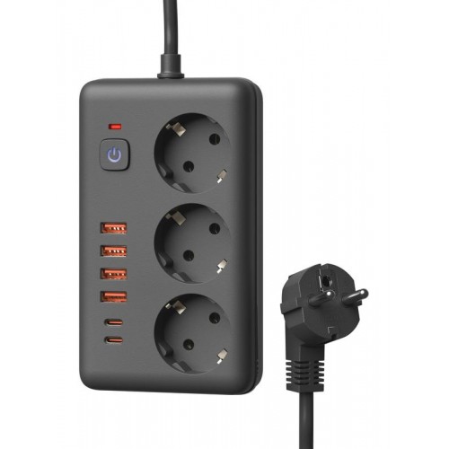 Удлинитель с сетевым фильтром 3х3м 10А 4USB + 2USBC 2500Вт ПВС 3х1 прямоуг. черн. КОСМОС FKsm3m-3gPF(B)USB