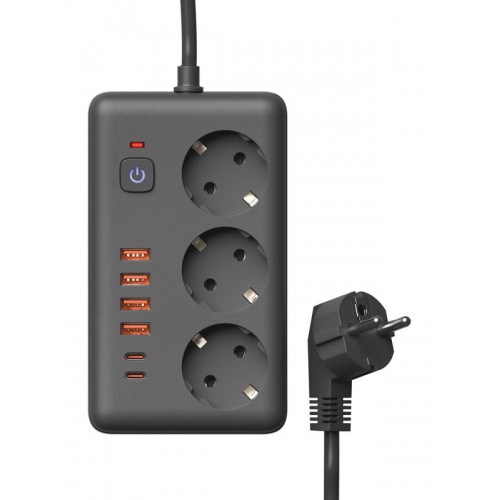 Удлинитель с сетевым фильтром 3х3м 10А 4USB + 2USBC 2500Вт ПВС 3х1 прямоуг. черн. КОСМОС FKsm3m-3gPF(B)USB