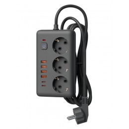 Удлинитель с сетевым фильтром 3х1.5м 10А 4USB + 2USBC 2500Вт ПВС 3х1 прямоуг. черн. КОСМОС FKsm1.5m-3gPF(B)USB