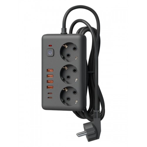 Удлинитель с сетевым фильтром 3х1.5м 10А 4USB + 2USBC 2500Вт ПВС 3х1 прямоуг. черн. КОСМОС FKsm1.5m-3gPF(B)USB