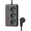 Удлинитель с сетевым фильтром 3х1.5м 10А 4USB + 2USBC 2500Вт ПВС 3х1 прямоуг. черн. КОСМОС FKsm1.5m-3gPF(B)USB