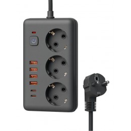 Удлинитель с сетевым фильтром 3х1.5м 10А 4USB + 2USBC 2500Вт ПВС 3х1 прямоуг. черн. КОСМОС FKsm1.5m-3gPF(B)USB