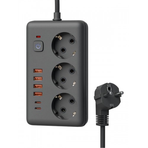 Удлинитель с сетевым фильтром 3х1.5м 10А 4USB + 2USBC 2500Вт ПВС 3х1 прямоуг. черн. КОСМОС FKsm1.5m-3gPF(B)USB