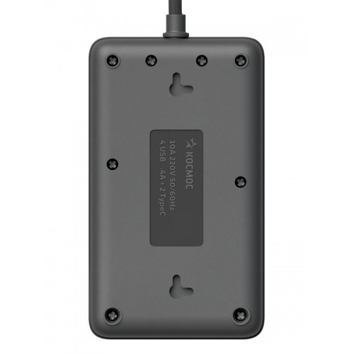 Удлинитель с сетевым фильтром 3х1.5м 10А 4USB + 2USBC 2500Вт ПВС 3х1 прямоуг. черн. КОСМОС FKsm1.5m-3gPF(B)USB