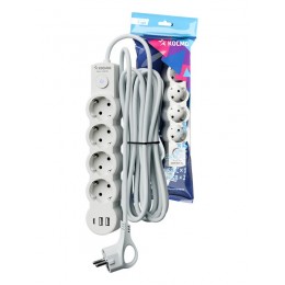 Удлинитель 3х5м с заземл. 10А IP20 USB 2500Вт 220В ПВС 3х1 с выкл. бел. КОСМОС YKsm5m4g-Z-VU10А-W