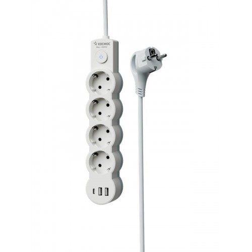 Удлинитель 3х3м с заземл. 10А IP20 USB 2500Вт 220В ПВС 3х1 с выкл. бел. КОСМОС YKsm3m4g-Z-VU10А-W